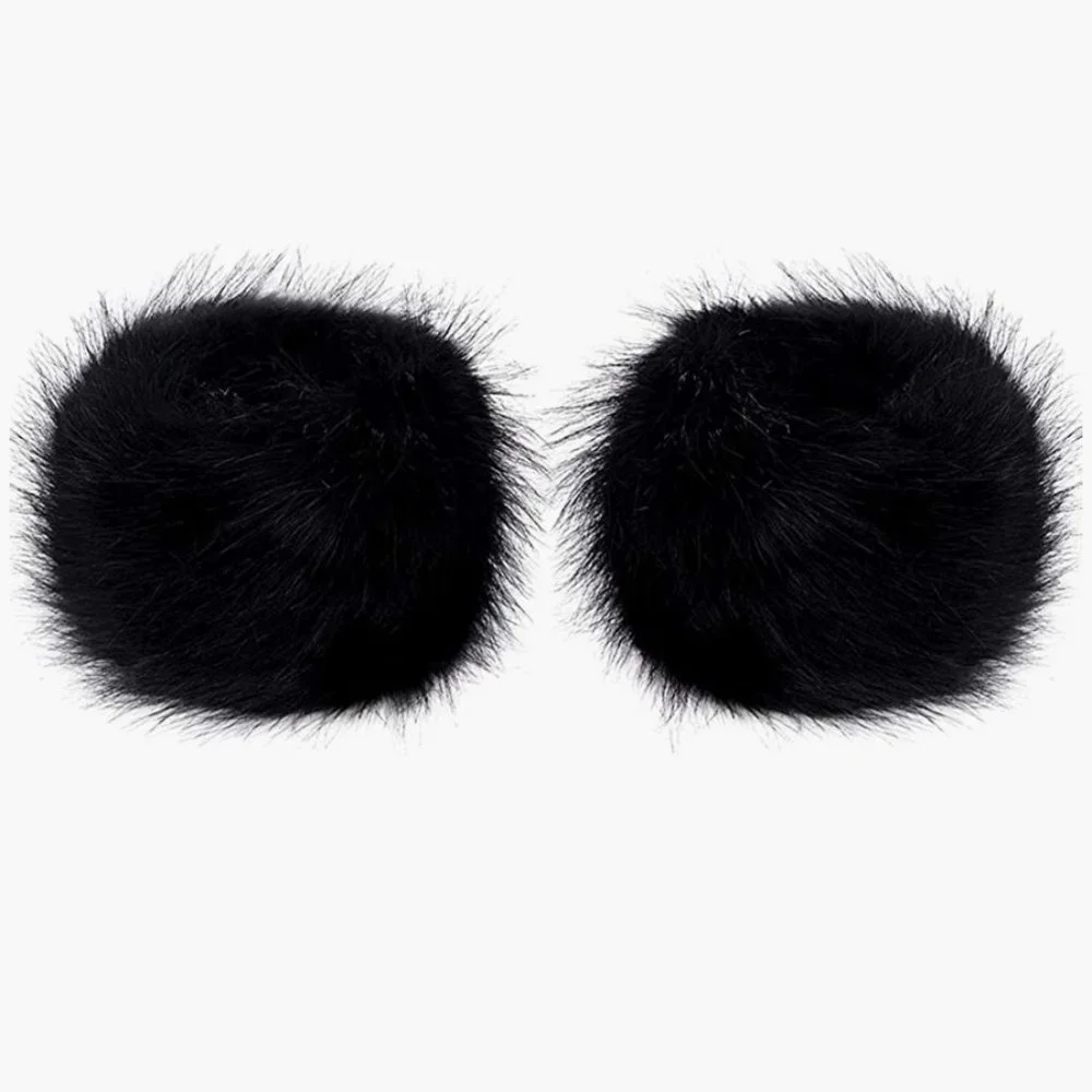 Black Fuzzy Faux Fur Pom Pom‎ Wrist Cuffs Furry Bands Arm Warmers